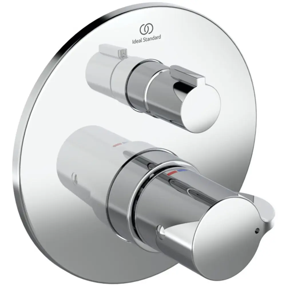 Brausethermostat von Ideal Standard mit zwei Bedienknöpfen auf einer runden Rosette. Ausführung in glänzendem Chromfinish.